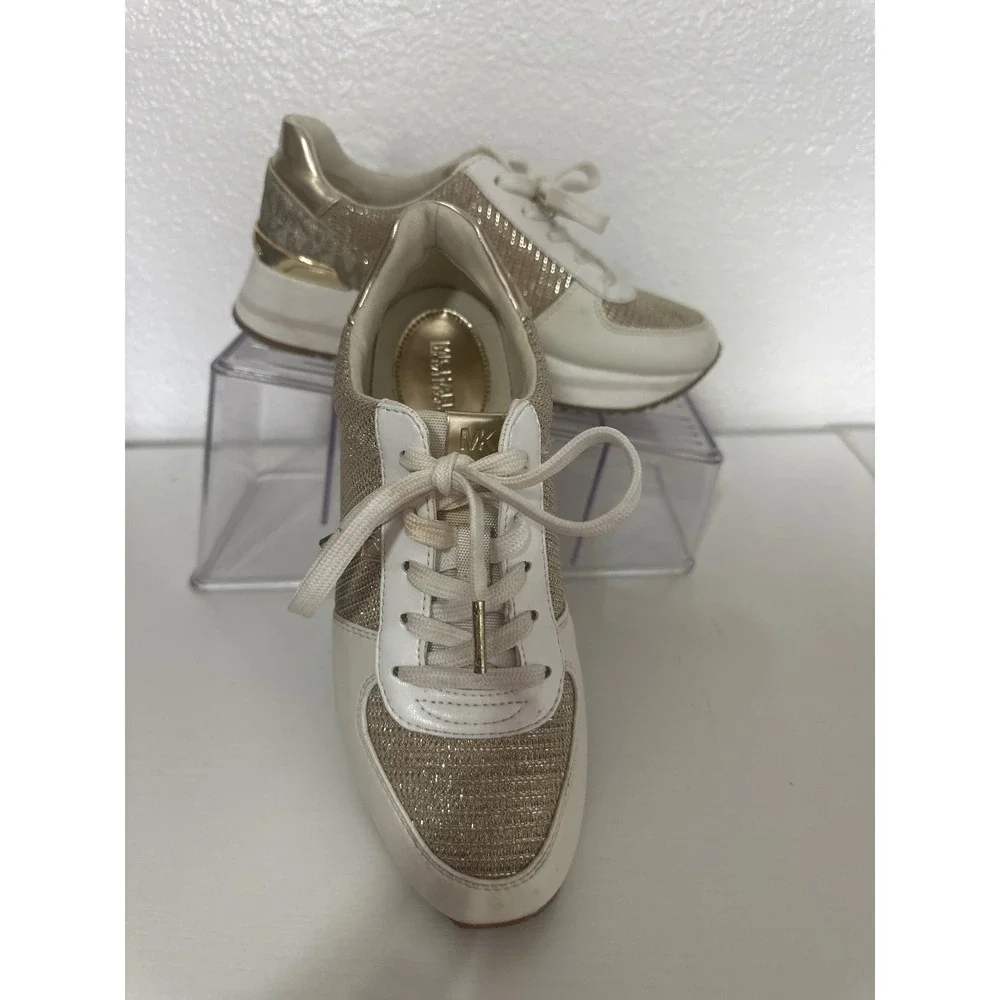Michael Kors Sneakers Platform Gold Glitter Logo Lace Up Casual Shoes - Picture 2 of 9